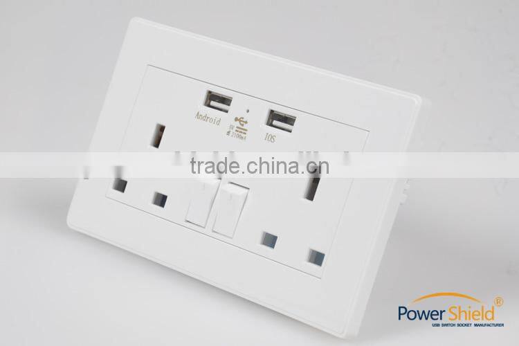 Euro/Britain/England Type G dual AC plugs outlet + double USB ports wall switch socket with CE RoHS approval