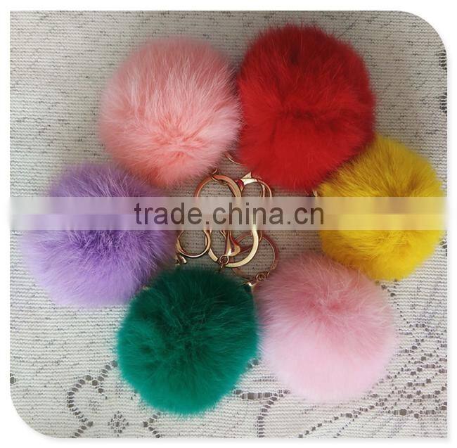 Red fur pom pom keychain Rabbit fur pom pom ball with flower bag charm