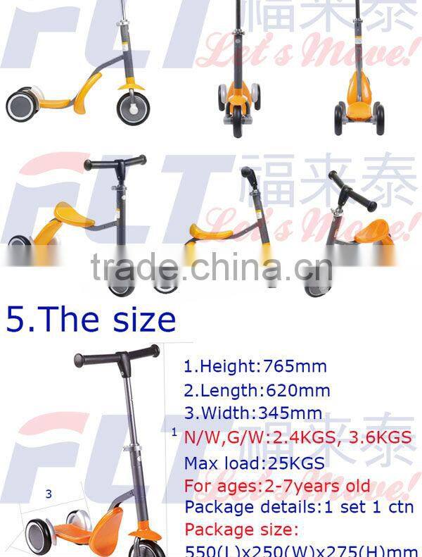 The Newest fashion 2 in 1 FLT-1006 three wheel scooter with strong steel and PU wheel for sale in 2013
