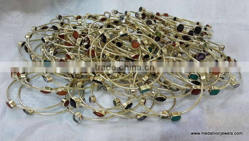 Labradorite Cushion Brass Gold Plated Bangles, Brass Gemstone Bangle, Fashionable Gemstone Bangle