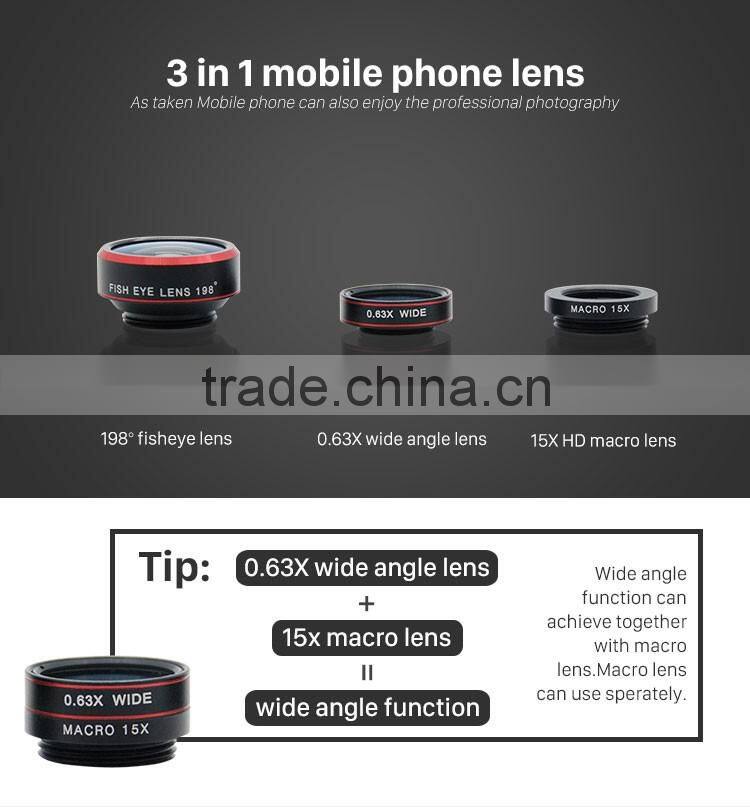 For iPhone 6S Samsung HTC LG Huawei Xiaomi Camera Lens 198 degree Fisheye 0.63X Wide-angle Lens 20X Macro Lens 3in1 lens kit