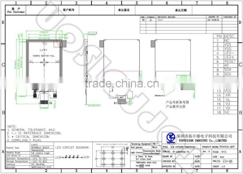Topfoison 2.4 inch TFT LCD 240*320 display with full viewing angle TF24032A