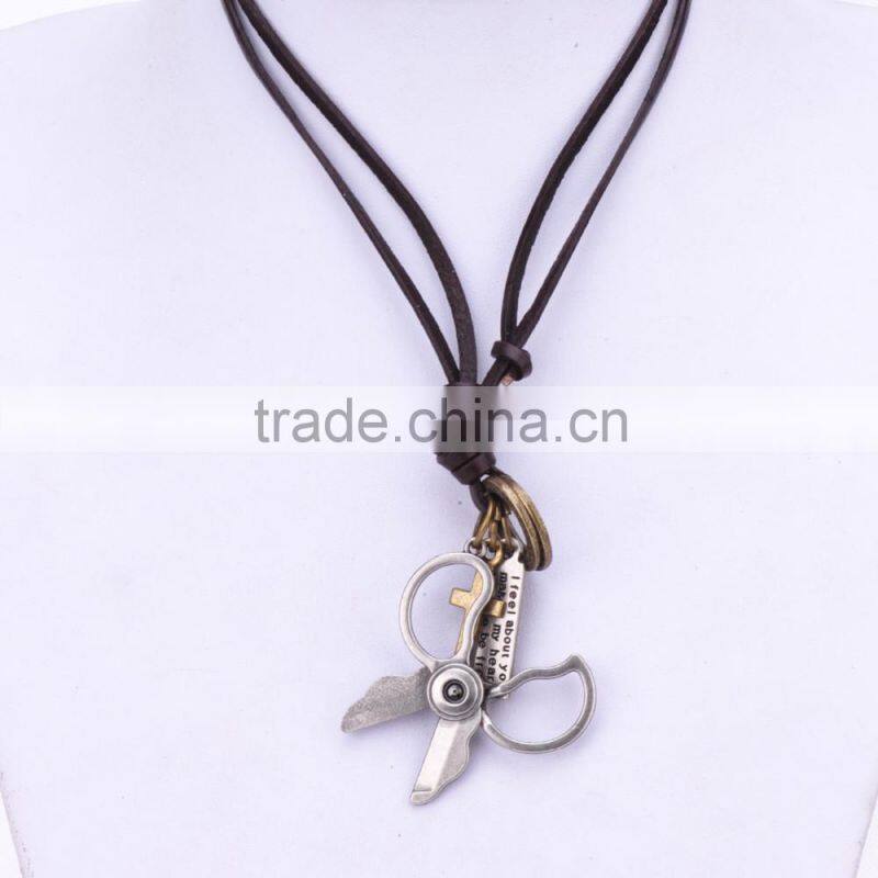 Genuine Leather Necklace with Antique Sliver Scissor Pendant.