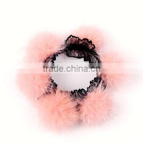 Real Natural Mink Fur Elastic Hair Band for Fashion Girls from Korean Style with Lace