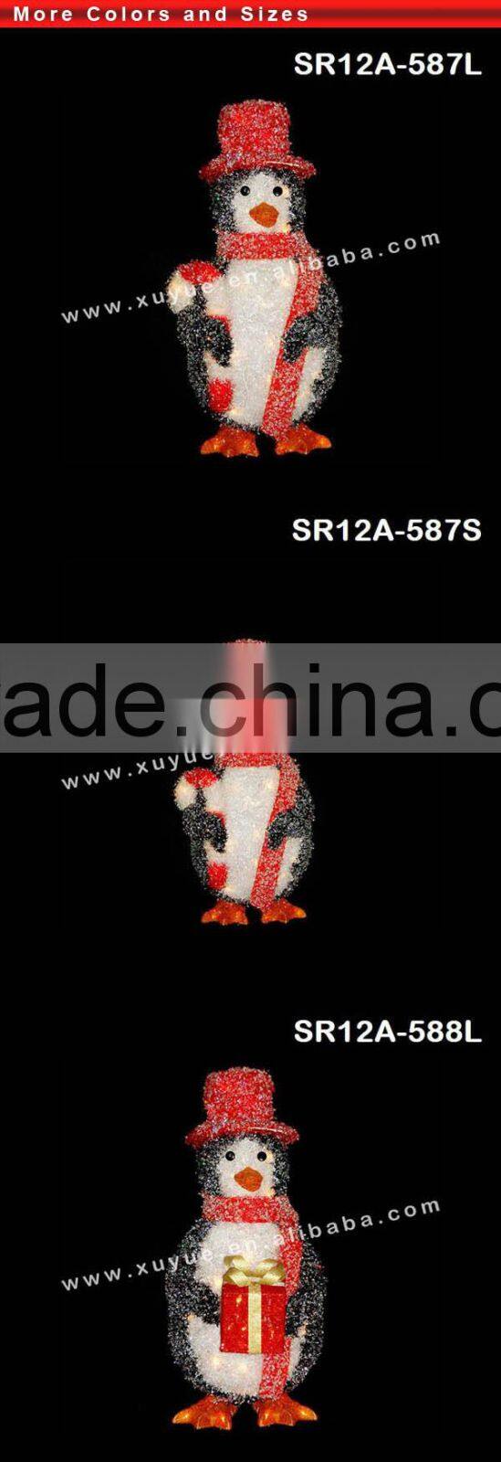 3D tinsel LED crystal christmas penguins with cane light Decoration (Outdoor MOQ: 200PCS, GS/CE/UL)
