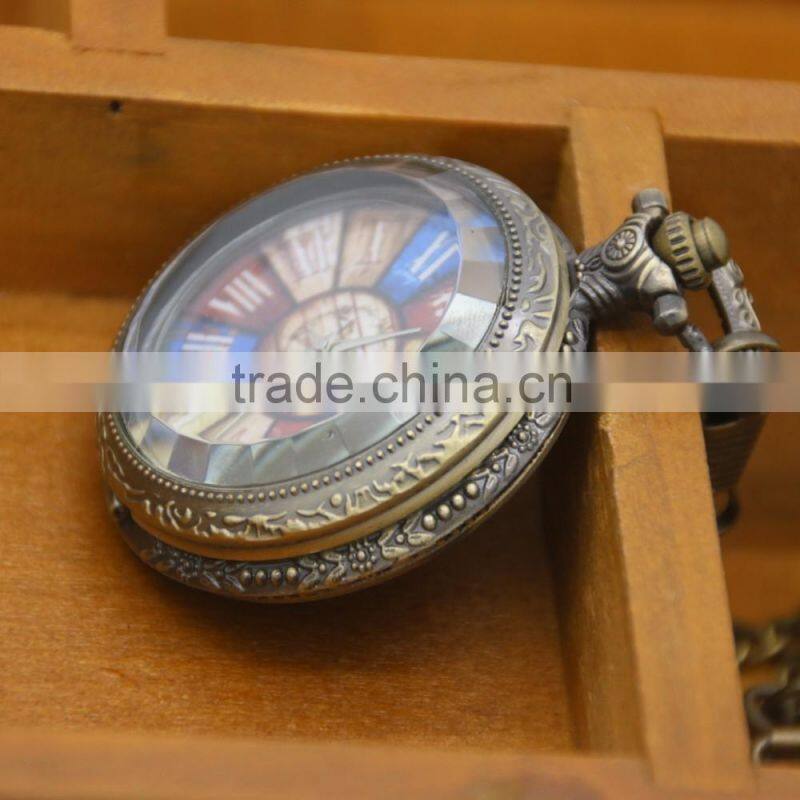 Retro Blue Roman Number Dial Glass Window Pocket Watch