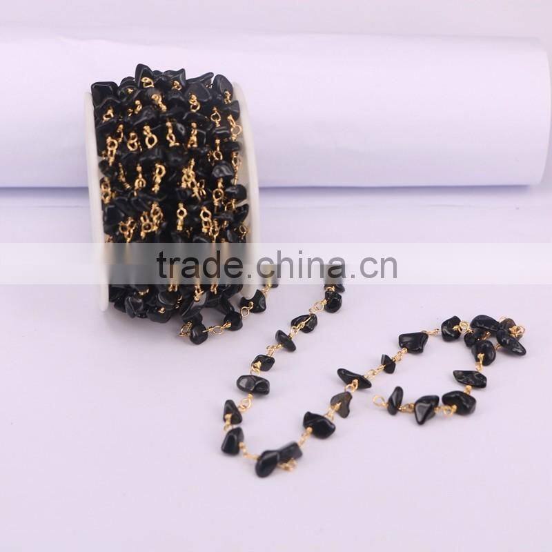 Natural Fluorite Nugget Quartz Chip Bead Rosary Chain, Gold plated Wire Wrapped Chain