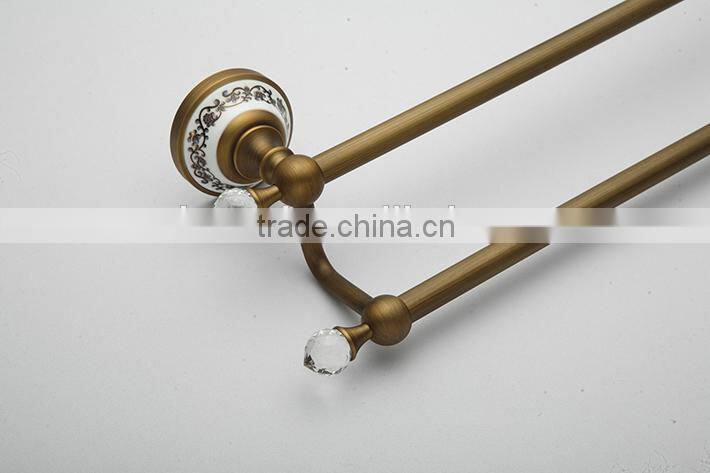 2016 new design bathroom brass ,ceramic double towel bar/ towel rod / towel rail accessories with crystal hook