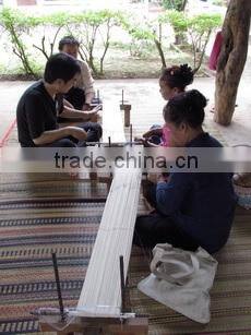 INDIGO DYED COTTON AND NATURAL BROWN COTTON HAND BAG WITH LEATHER SHOULDER-STRAP FROM THAILAND