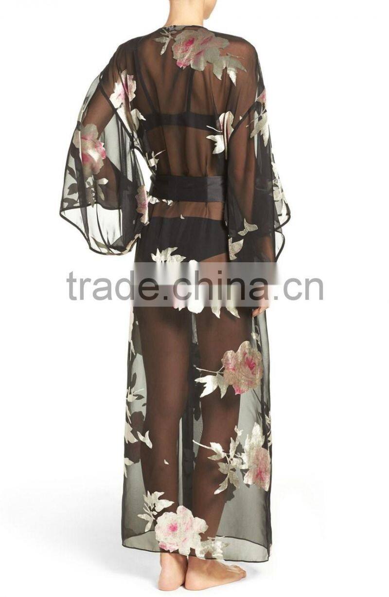 Luxurious women clothing high quality romantic cover up summer sheer chiffon rose printed robe cover up cardigan for beach wear