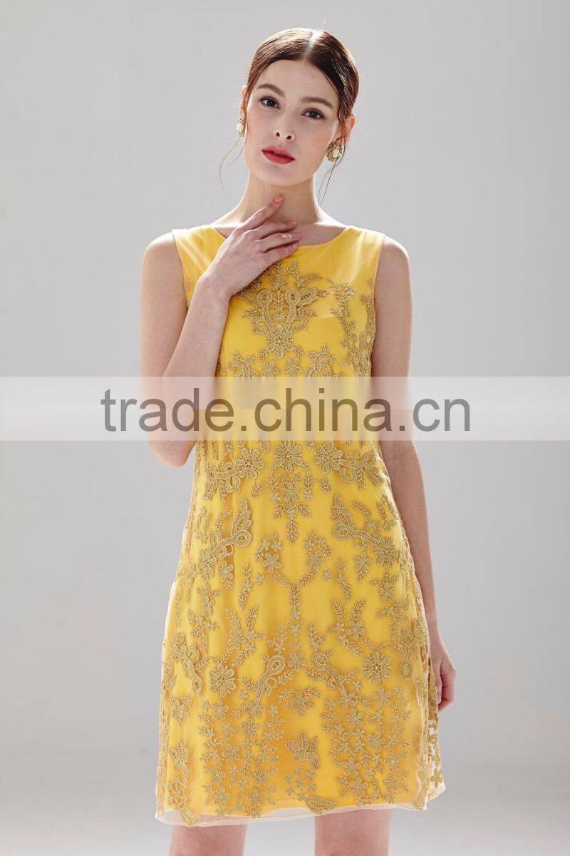 Boat -neck sleeveless gold chiffon ladies gorgeous fashion dress SR- D9793