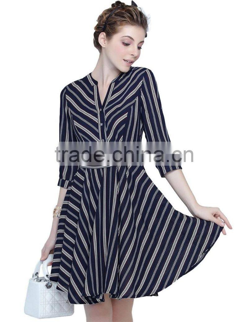 European style ladies spring v neck half sleeve strip dress