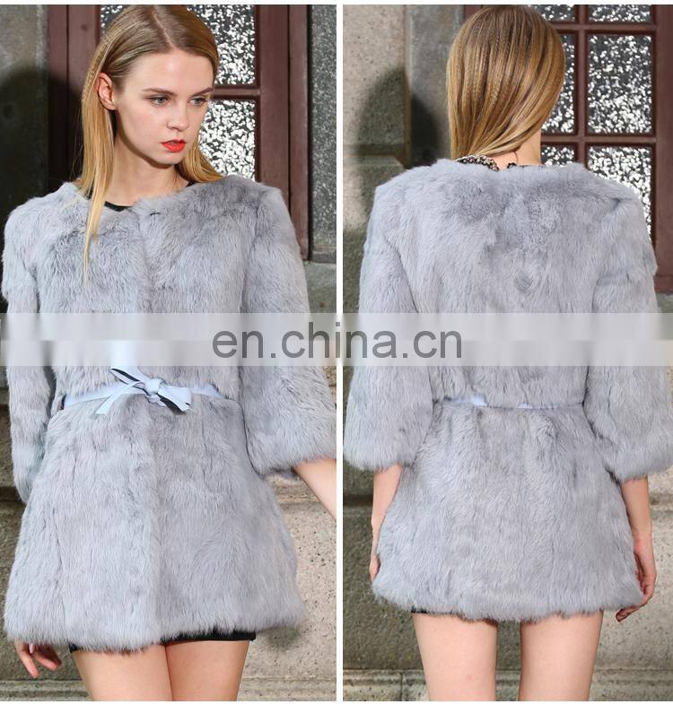European style three quarter sleeve real fur coats ladies rabbit fur coat