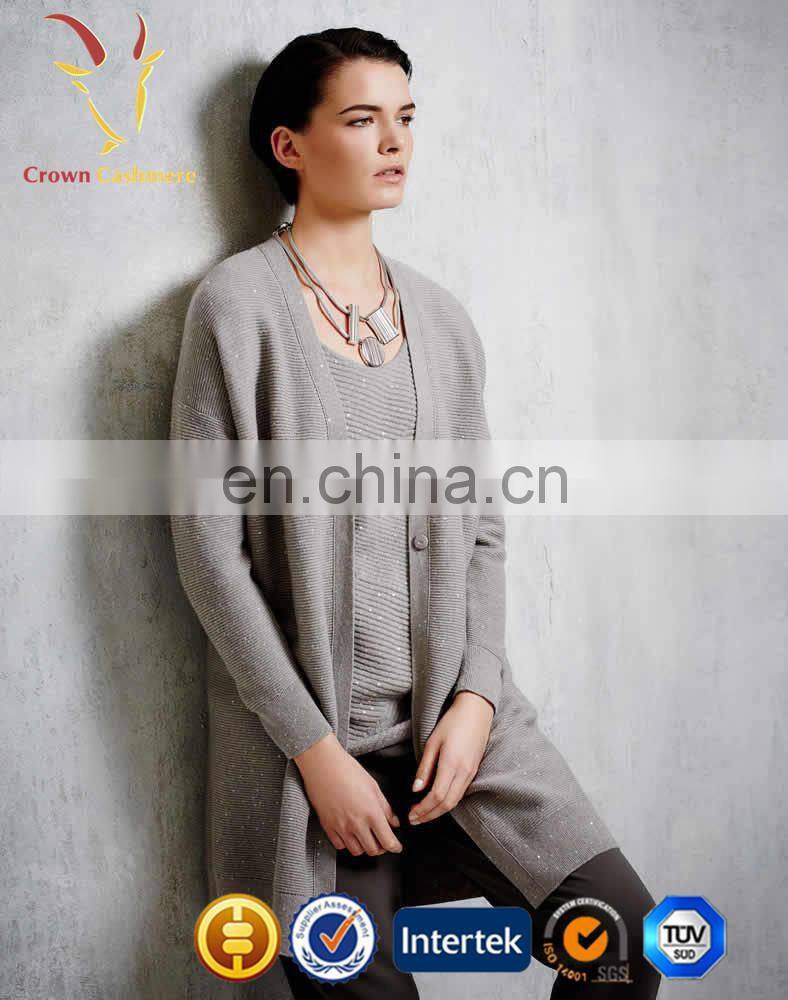 Women Gray Long Length Style Cashmere Cardigan With Button