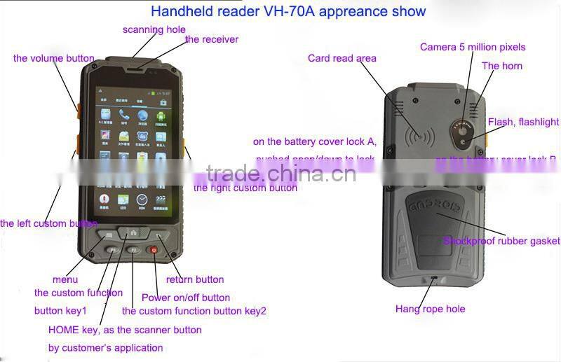 ISO-18000 6C /GEN2 RFID handheld reader with android 4.4 OS