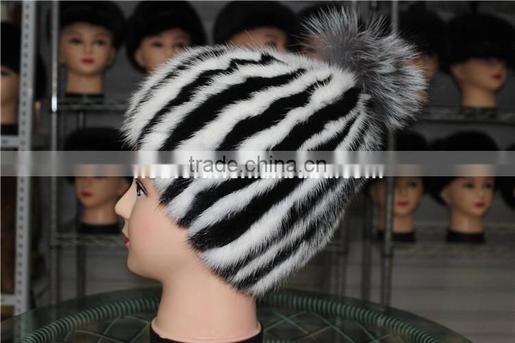 Women Beanies Real Stripe Knitted Mink Fur Caps With Top Silver Fox Fur Ball Hats