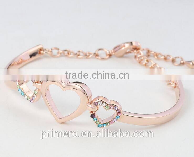 Fashion 18k Rose Gold Plated Three Heart Clear Austrian Crystal Bracelets & Bangles