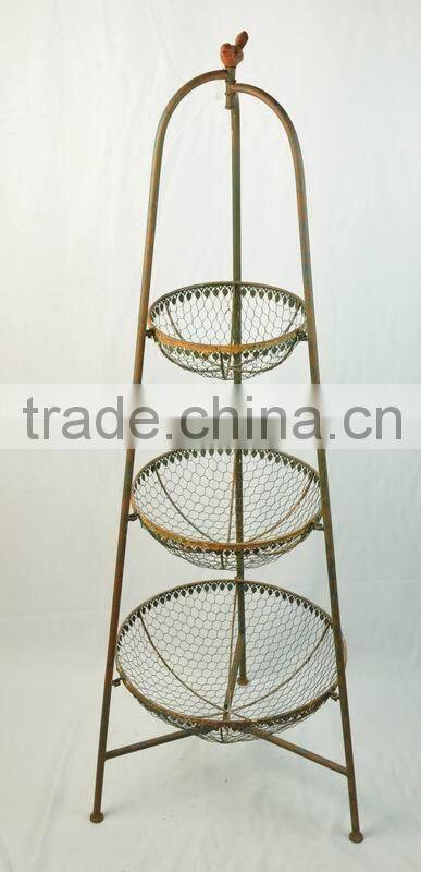 Rustic 3 tier floor basket stand kitchen basket stand