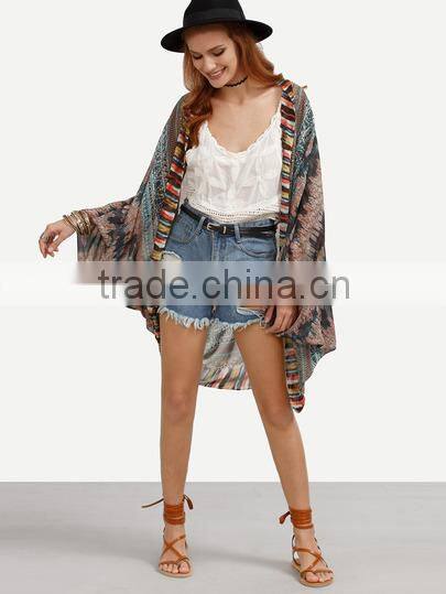 Kimonos latest fashion design women clothing Multicolor Vintage Print Tie-dye Trim Kimono