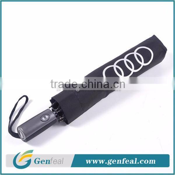 Popular auto open&close windproof glassfiber ribs 3 fold advertising umbrellas for brand promotion