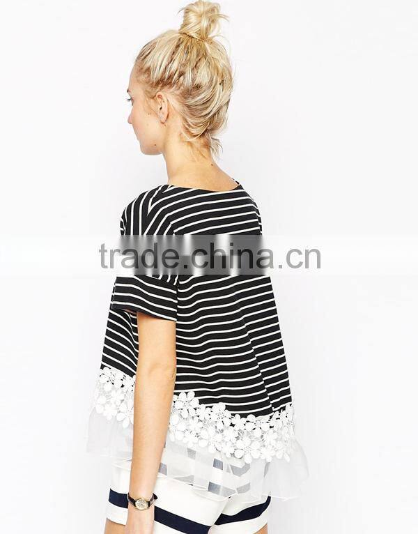 Stripe Blouse With Floral Lace Hem fashion design lady blouse