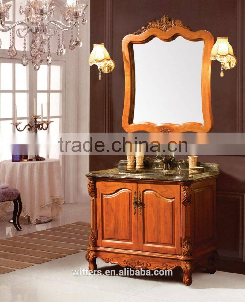 I shaped polish solid wood bathroom vanity in dark brown WTS210