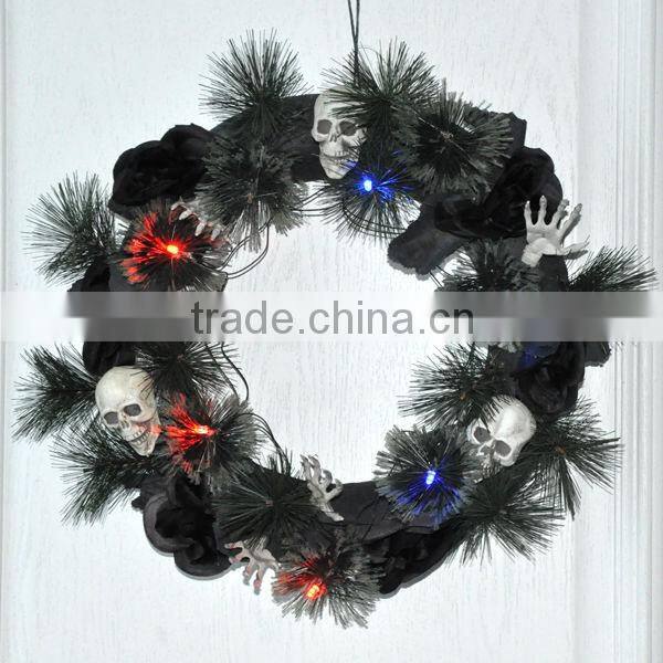 Purple rose light up wreath with skull decor for wall decoration of halloween holiday