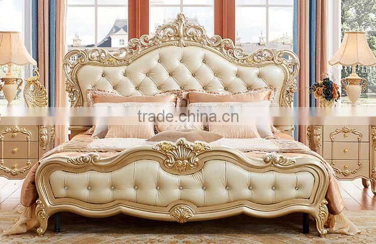 Neoclassic bedroom furniture solid wood gold painting genuine leather double bed