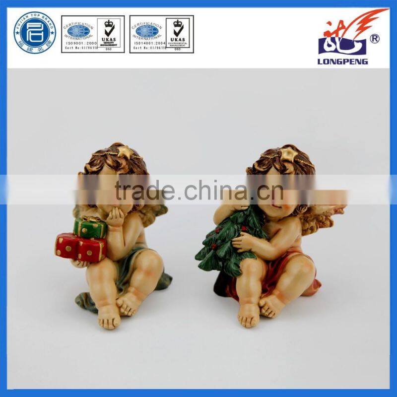 European Sitting Poly Angel Cherub Holding Christmas Tree/Gifts Statue for Home Decor