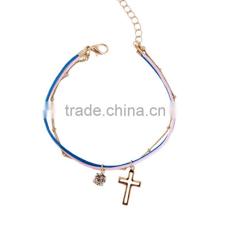gold cross star zircon charms bracelet layered colorful silk cord gold chain bracelet