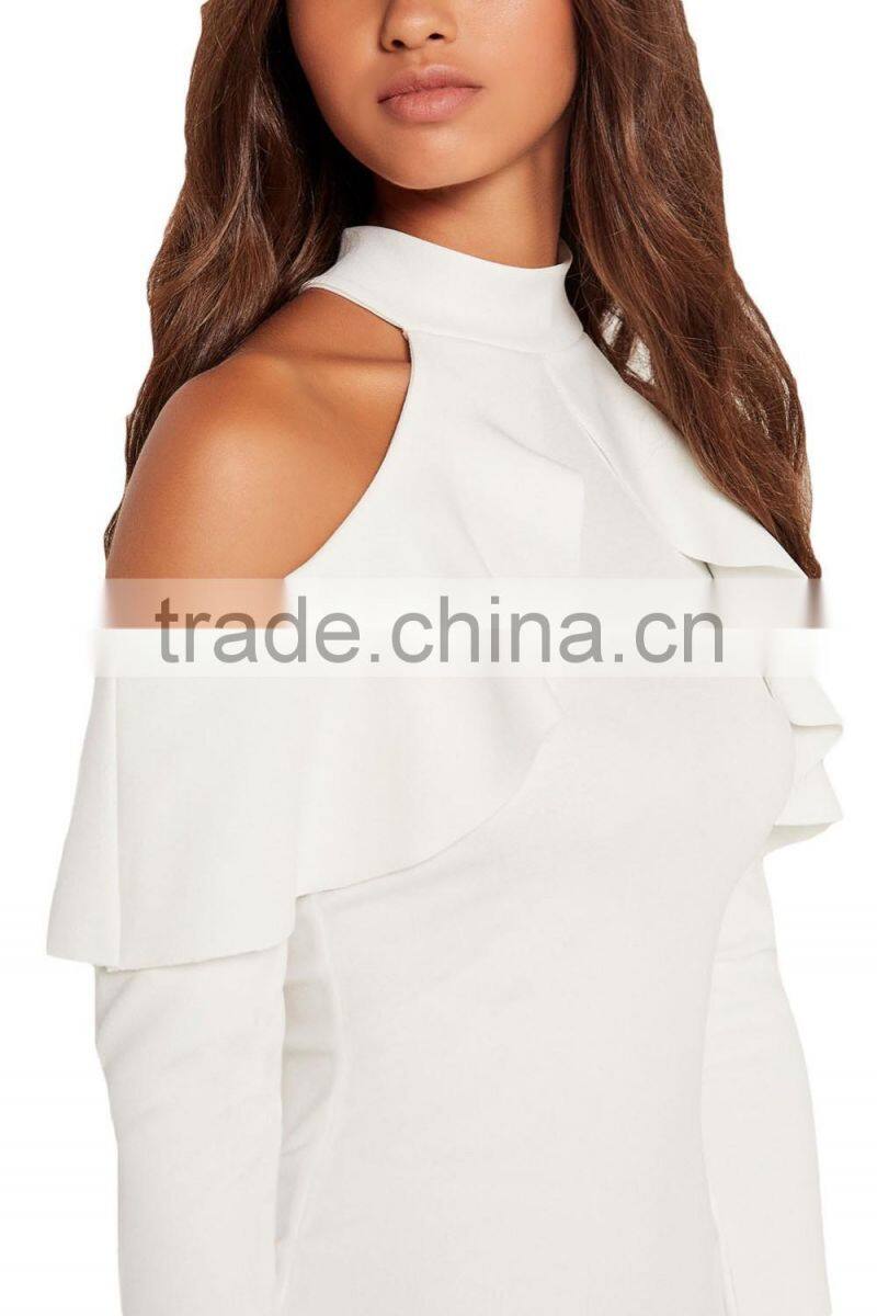 Women Frill Cold Shoulder Long Sleeve Mini Short Bodycon Club Dress White