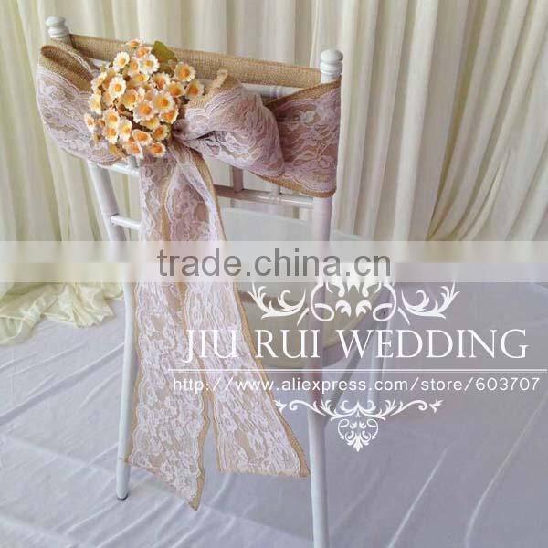 Natural Burlap Hessian Chair Sash Jute Chair Band with Lace at Middle for Rustic Wedding