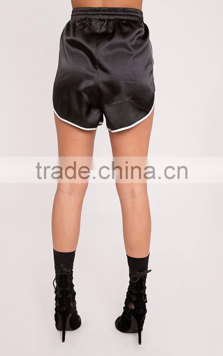 High Waist Women Plain Black Satin Contrast Binding Runner Shorts With High Curved Side