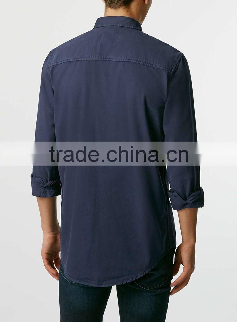 new model Navy blue Double Pocket Twill Long Sleeve Casual Shirt