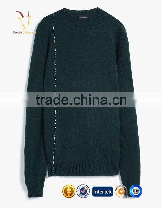 Men Pure Cashmere Green Knitted Jumpers Crew Neck Emboridery Sweaters