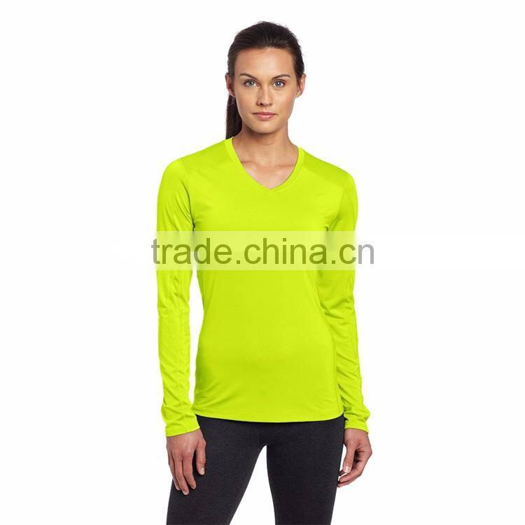 Hot sale cheap v neck women breathable polyester long skin tight long sleeve t shirt