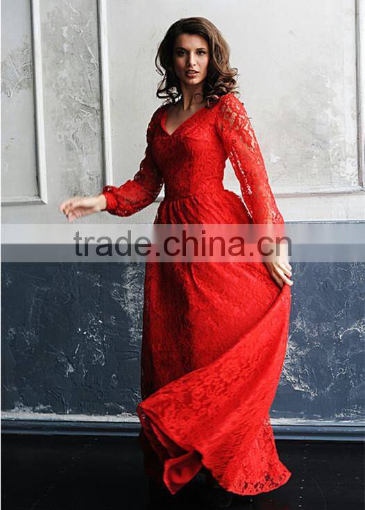 Red Long Sleeve Maxi Dress A line Mommy And Me Lace Women Baby Party Dress