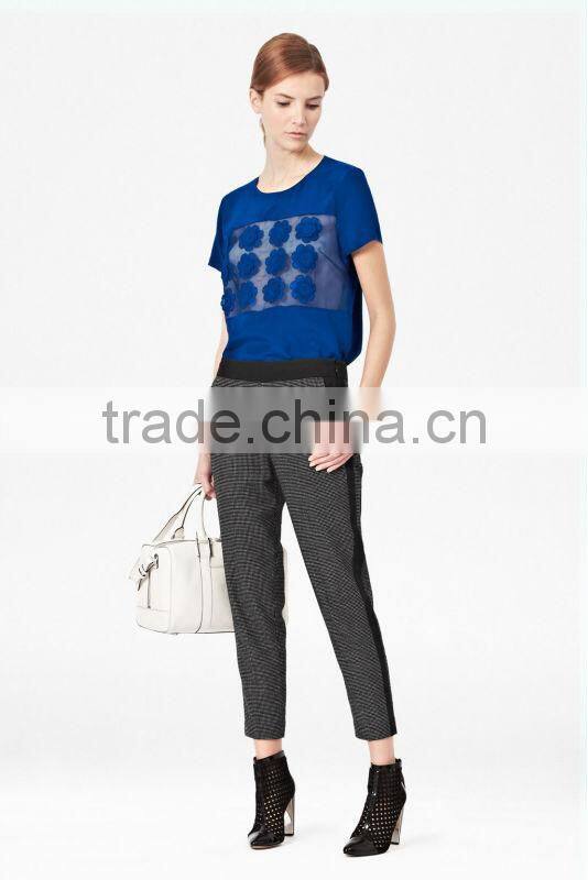 Short Sleeve Silk Blouse Top with Sheer Organza Panel