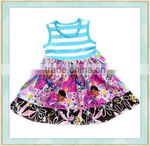 2017 baby girl party children frocks designs sleeveless bule stripes cartoon floral print woman pearl dress