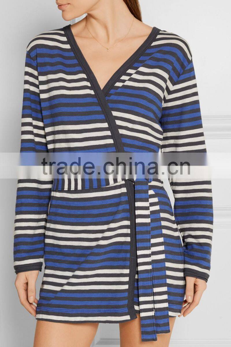 Comfortable Slip On 100% Cotton Womens Loungewear with Attached Belt in Colorful Stripes