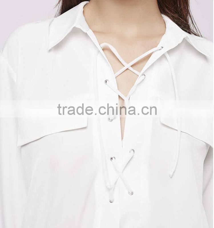 Simple and stylish women white shirts wholesale,custom Tie-Up Pocket Blouse with your own logo china supplier
