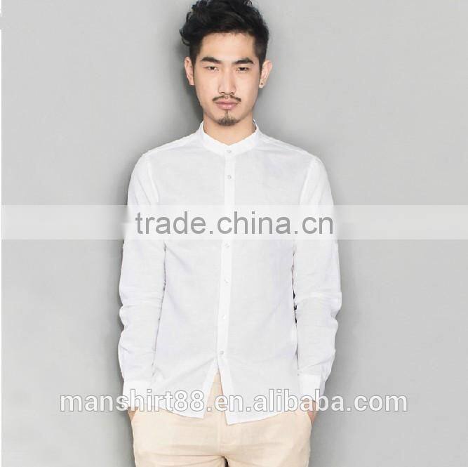 rolled sleeve mandarin collar hemp linen shirt for men