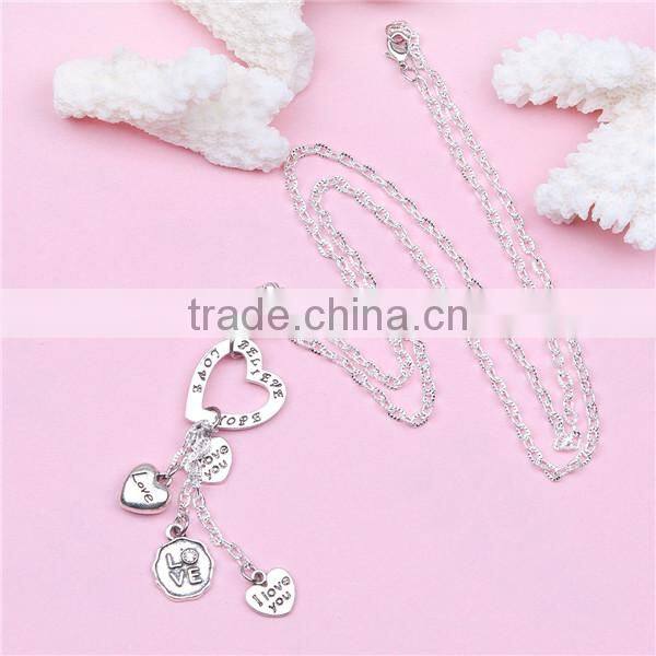 New Fashion Antique Silver Heart Pendants " I Love you & BELIEVE LOVE HOPE & Love" Carved Link Cable Chain Handmade Necklace