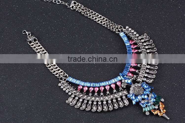 Wholesale fashion statement necklace, gold necklace jewelries with colorful diamond stone