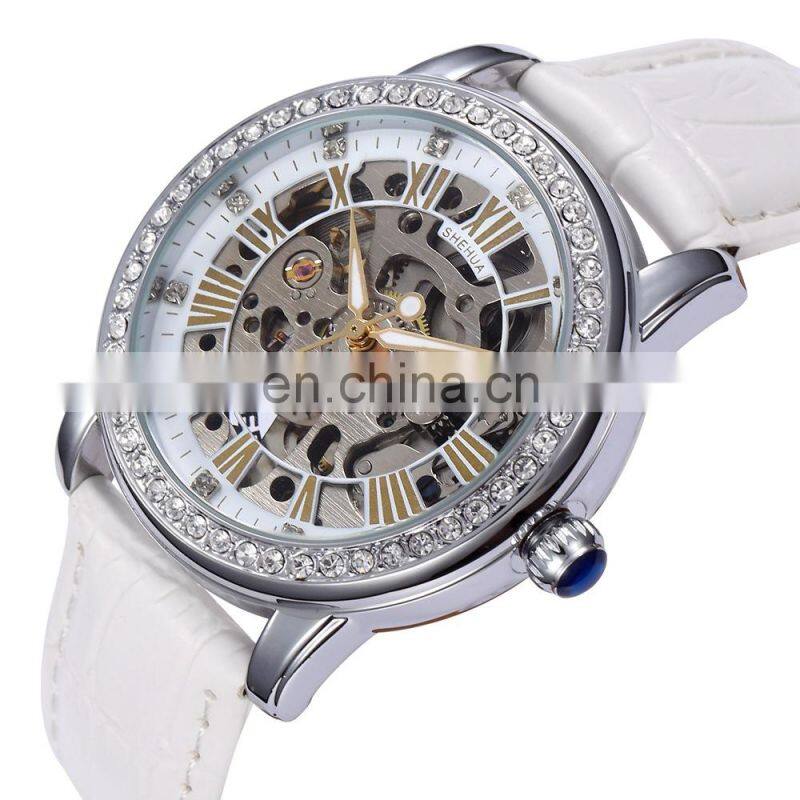SHENHUA 9592N Lady Mechanical Wrist Watch Women Skeleton Automatic Self-Wind Watches with Rhinestone
