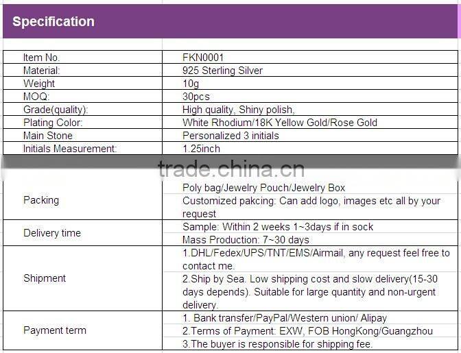 2016 Fashionable 925 Sterling Silver Necklace Gold Plated Personalized Initial Name alphabet necklaces