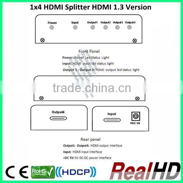 v1.3 hdmi splitter 1x4 1 input 4 output support 3D full color 1080p 1cd TV