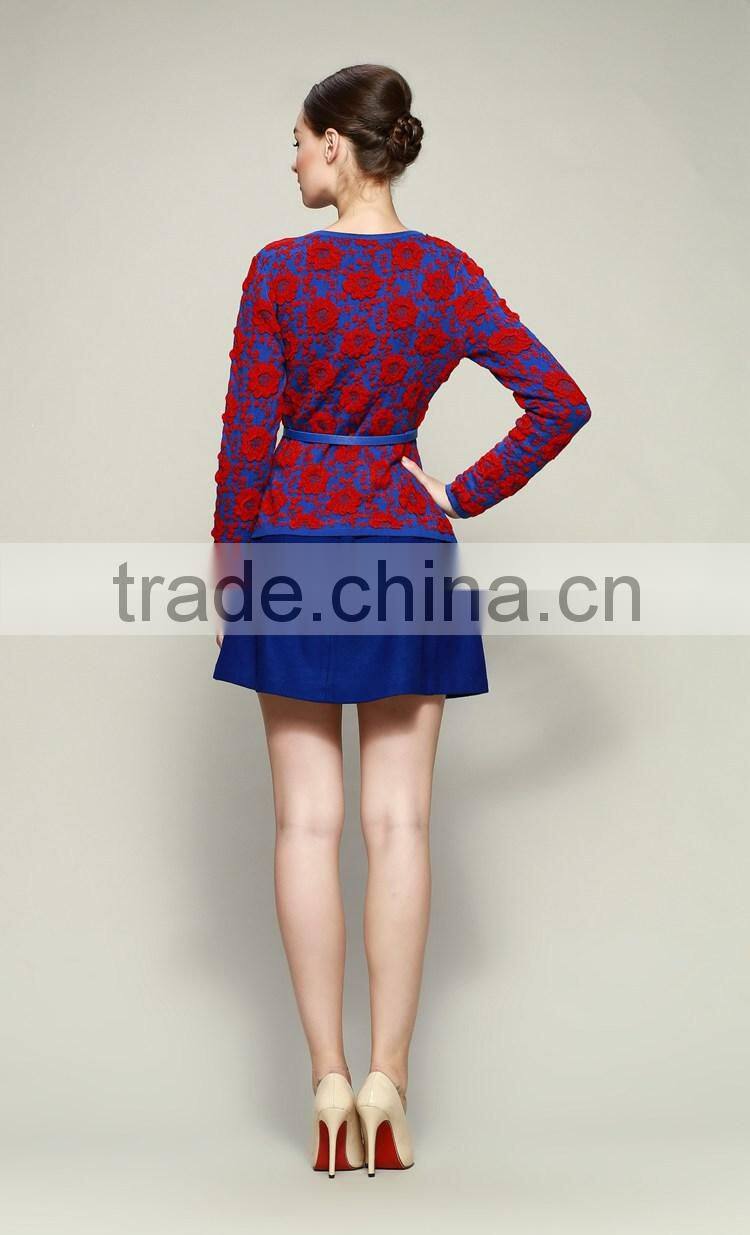 2014 Brand name Newest european runway styles edelweiss knitted models sweater tops +mini skirts with belt D1691501