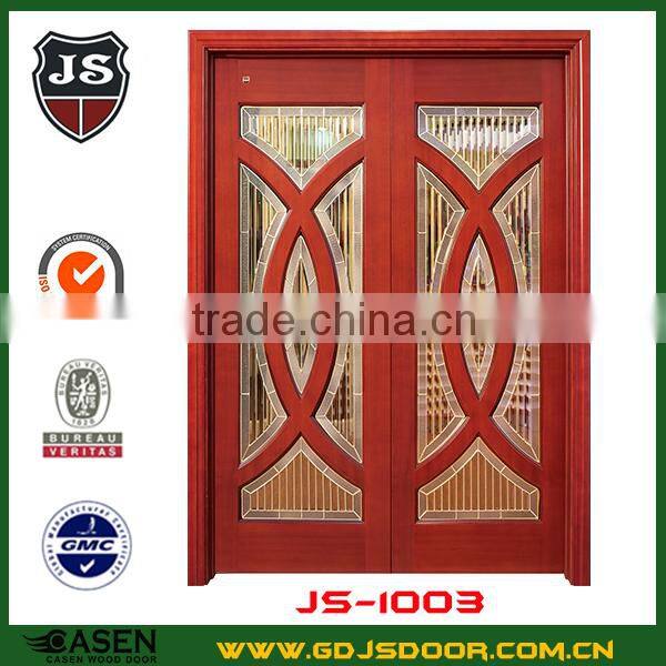 Rustic interior room flower carving wood frame sliding glass door