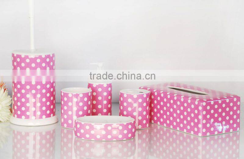Polka Dot Pink shower curtain/bath mat set/ceramic bath accessories set